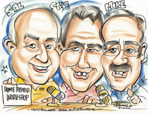 The illustration is a promotional piece of the hosts of the call-in radio show Home Repair Workshop.