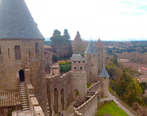 We walked along the ramparts between the towers of the medieval city of Carcassonne, with a beautiful view of the surrounding countryside, all the way to the Pyrenees Mountains.