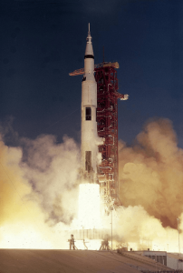 The Apollo 8 crew launches on the first manned mission to the moon. 
