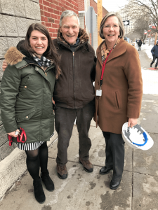 From left are Amber Vander Ploeg, chief program officer at the Rescue Mission; Marvin Druger; and Carolyn Hendrickson, senior philanthropy officer at the Rescue Mission. Ploeg and Hendrickson were students in Druger’s general biology course at Syracuse University.