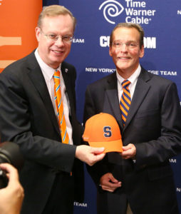 John Wildhack with S U Chancellor Kent Syverud in 2016 after Wildhack joined S.U. Photo courtesy of Syracuse University Athletics.