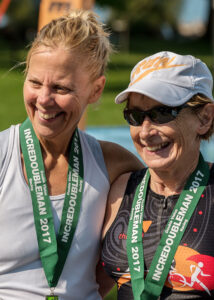 Ruth Ripley, on the right with the hat on, with her friend MaryBeth Domachowske, during the Incredoubleman Triathon in September of 2017. The competition took place in Westcott Beach in Jefferson County.