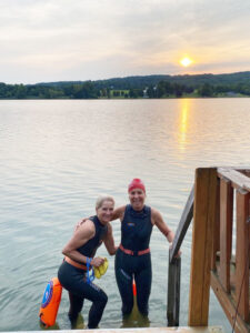 Eileen Clinton, with the red swim cap on the right with a friend, Mary Joe Reinhart at Jamesville Reservoir this past summer. Provided