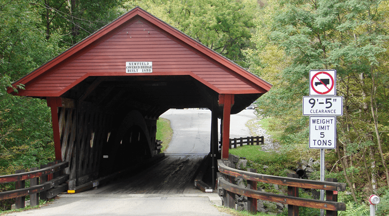 The oldest covered bridge in New York that continues to carry motor vehicle traffic. It’s located in Newfield, south of Ithaca.