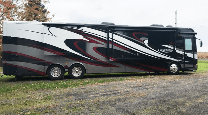 Pritchard’s 44-foot-long Forrest River Charleston RV boasts a number of amenities.