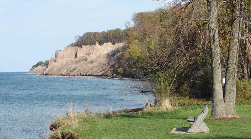 Bluffs of Lake Ontario at Chimney Bluffs State Park. The chimney-like spires were formed from eroded drumlins left at the end of the ice age. Wind, rain, waves and other forces of nature created sharp pinnacles some of which rise 150 feet above the shoreline.