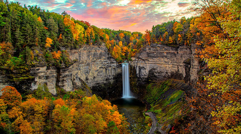 Taughannock Falls in Tompkins County. The falls carve a 400-foot deep gorge through layers of sandstone, shale and limestone that were once the bed of an ancient sea.