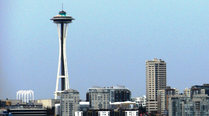 Space Needle, an iconic image of Seattle, seen from a boat tour.
