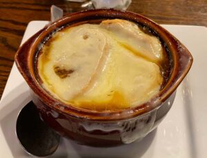 The crock of French onion soup ($7) did not disappoint. Although the gruyere cheese wasn’t pouring over the side of the bowl, there was enough of it.