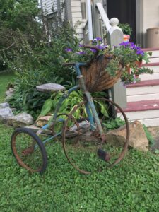 A vintage tricycle with a basket of annuals adds a garden focal point. Now’s the time to start planning for spring.