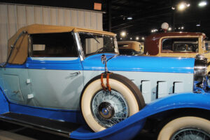 1931 Cadillac Convertible Coupe, in blue, on display at the Northeast Classic Car Museum in Norwich, NY.