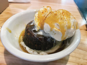 Medjool date sponge cake: Toffee drizzle topped the thick, albeit light, cake and vanilla ice cream.